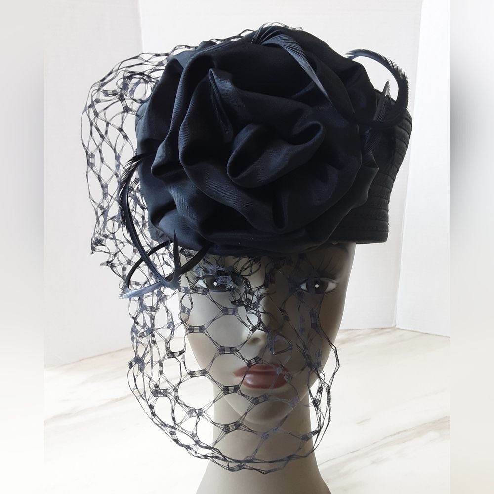 KAKYCO Black Satin Pillbox Veil | Feathers Fascinator Hat - Vtg